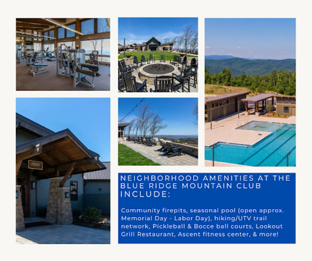 This vibrant exterior shot captures several core community amenities at once: a fitness center, fire pit, swimming pool, restaurant, viewing area, and pickleball/bocce courts. The scene shows groups of people engaging in activities like hiking, swimming, playing pickleball, as well as dining outdoors. The mood is energetic and communal, conveying a sense of connection and variety.