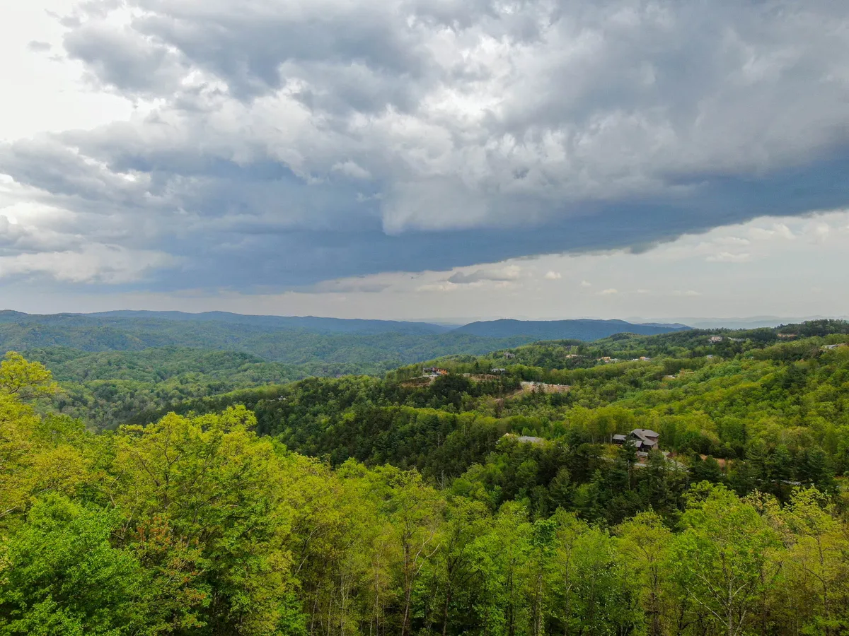A dramatic view of distant blue-toned mountains stretches across the horizon, framed by lush green trees and moody clouds above. The landscape evokes the vastness and tranquility of the Blue Ridge region, inviting thoughts of hiking, wildlife spotting, and peaceful outdoor moments.